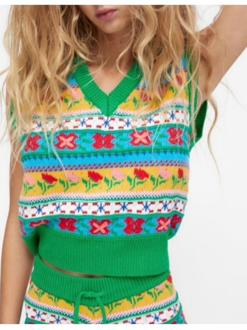 ZARA Jacquard Green Floral Fair Isle Knit Vest Cottagecore Spring Size S